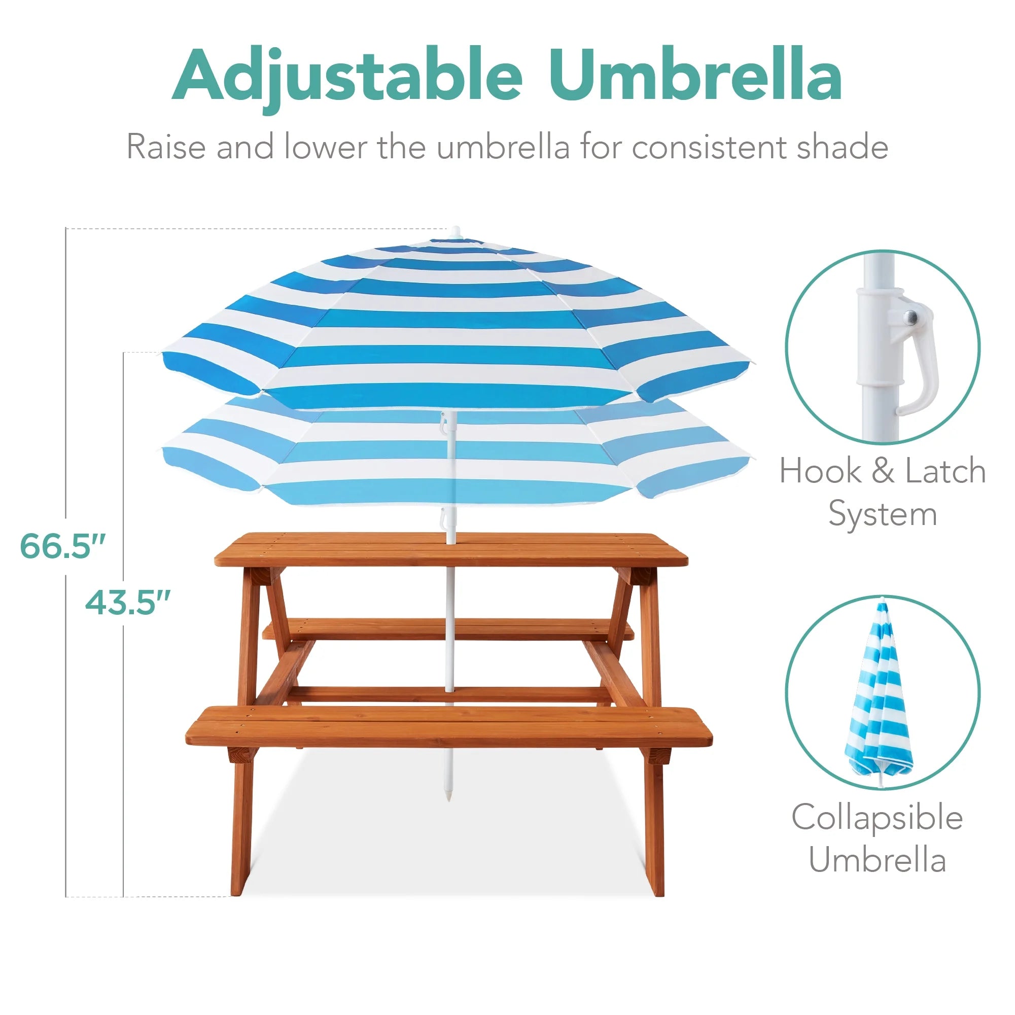 Outdoor Wooden Kids Picnic Table with Umbrella, Activity Table, 220 Lb Capacity - Aqua