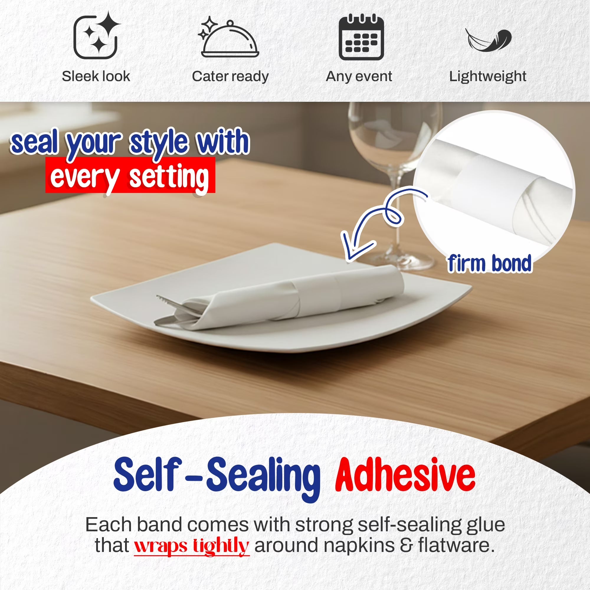 White Paper Napkin Self Adhesive Bands 1.5" X 4.25" - Pack of 750