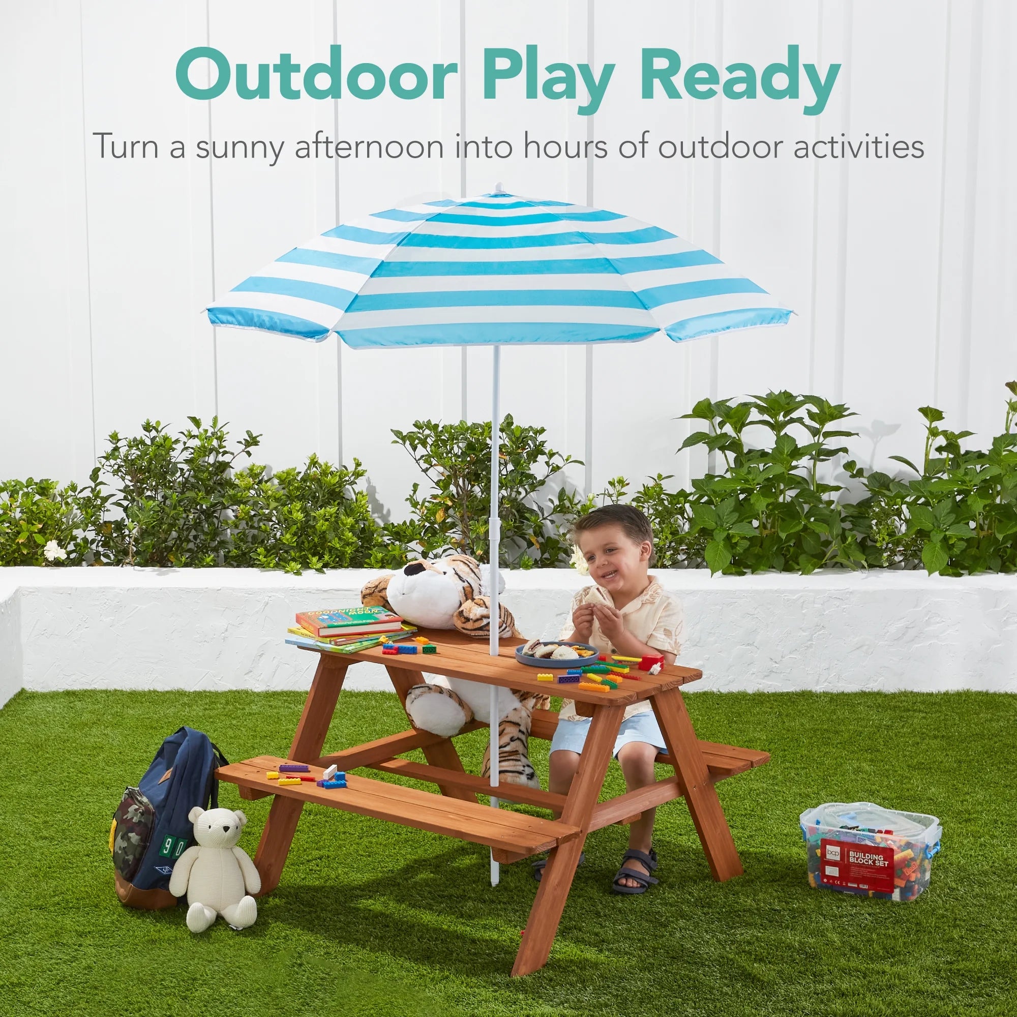Outdoor Wooden Kids Picnic Table with Umbrella, Activity Table, 220 Lb Capacity - Aqua