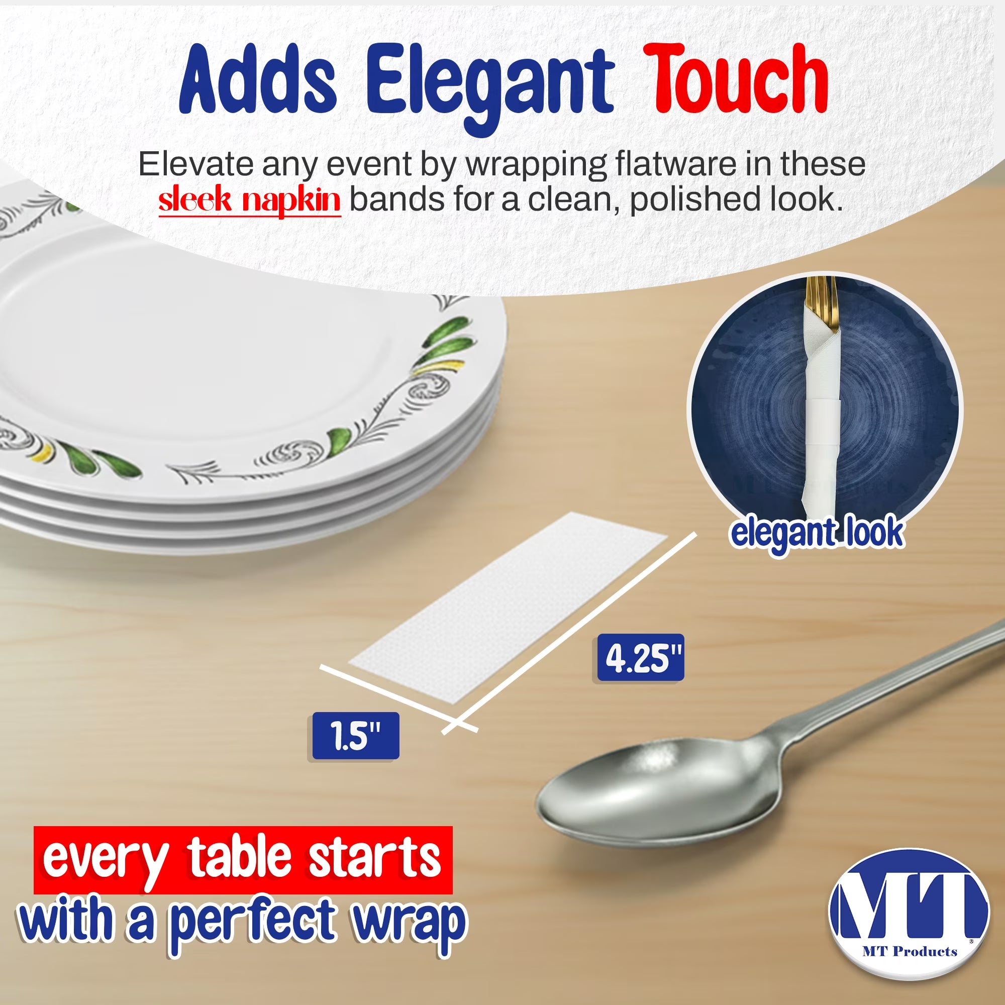 White Paper Napkin Self Adhesive Bands 1.5" X 4.25" - Pack of 750