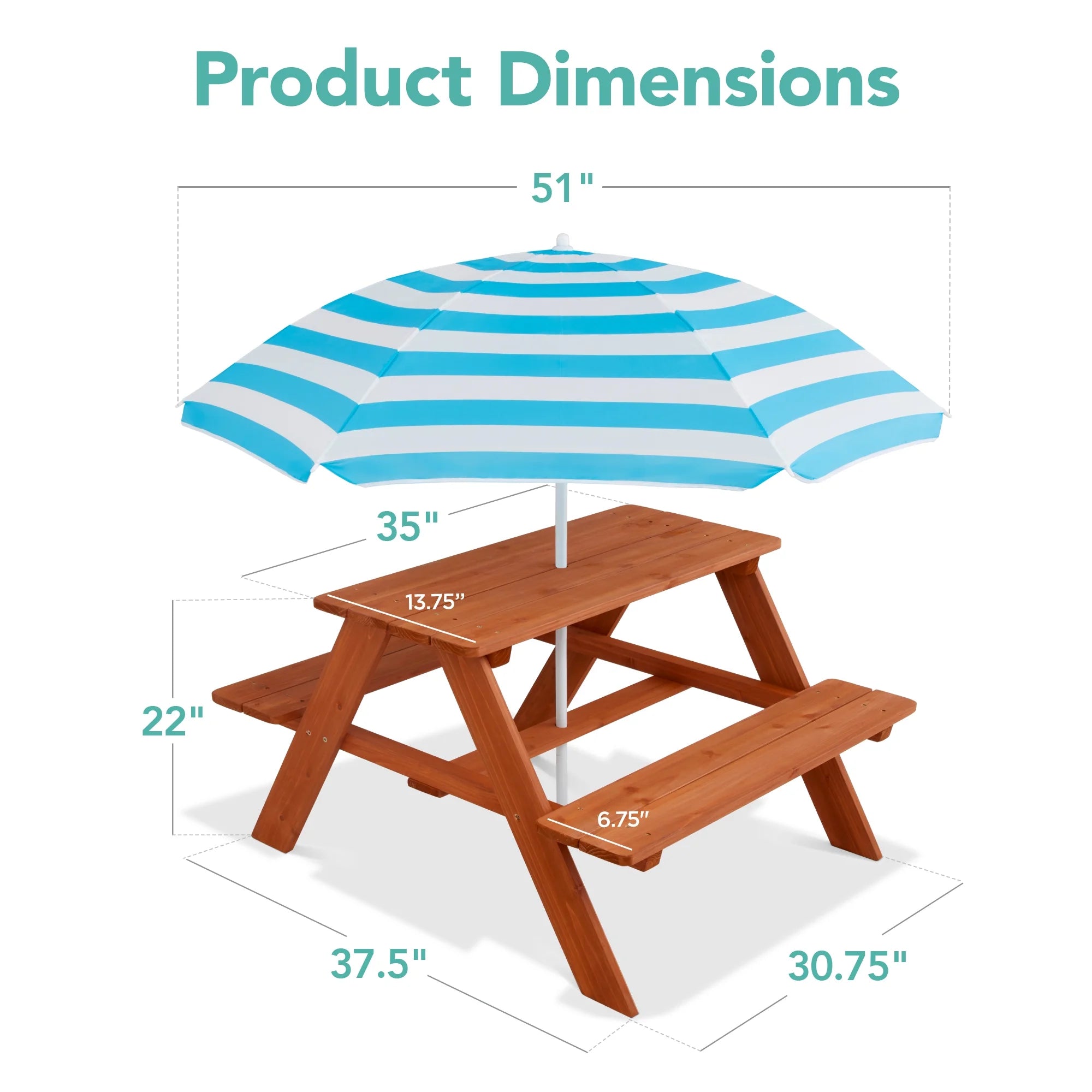 Outdoor Wooden Kids Picnic Table with Umbrella, Activity Table, 220 Lb Capacity - Aqua